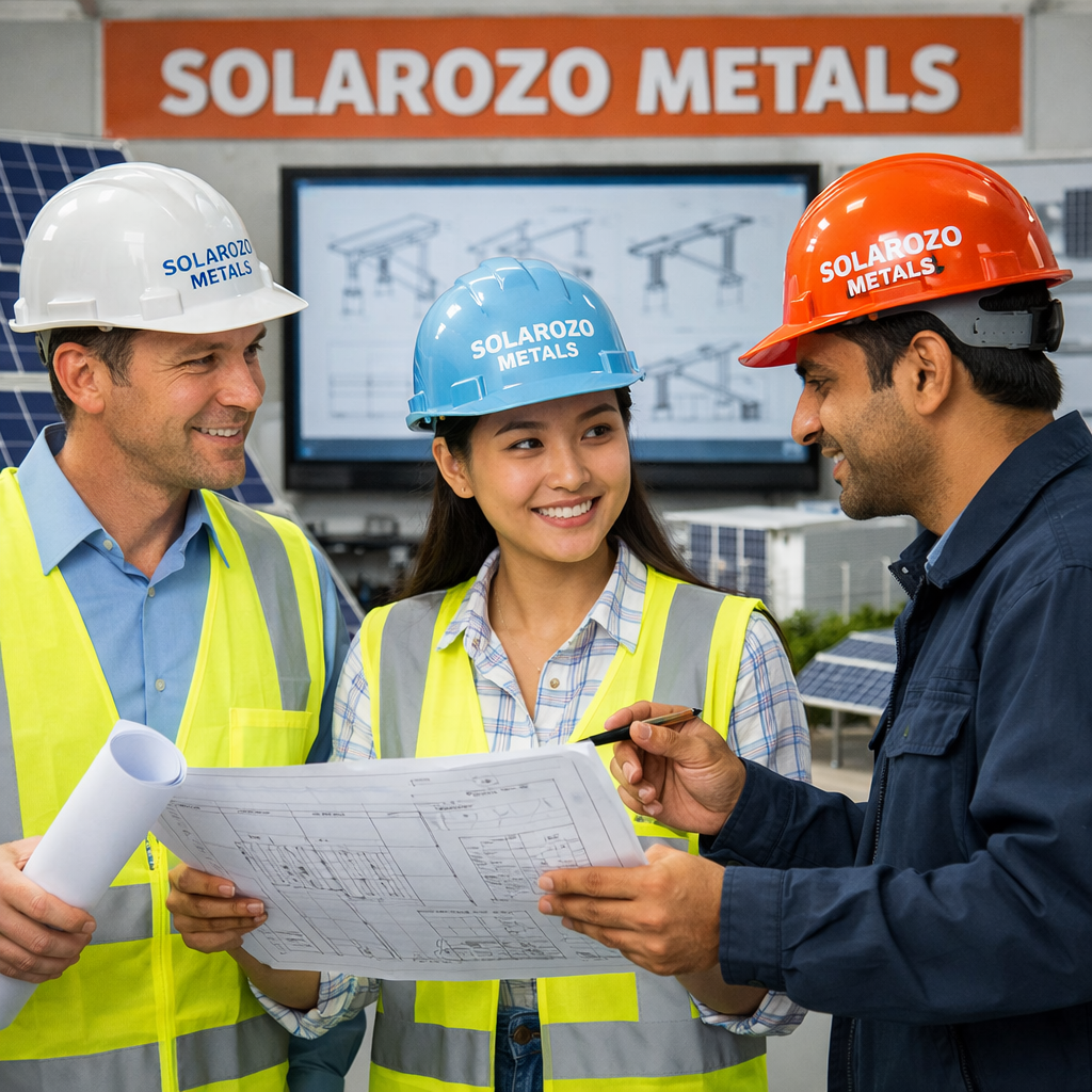 Solar engineers collaborating on renewable energy project with technical blueprints and solar panel components in modern facility